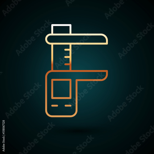 Gold line Calliper or caliper and scale icon isolated on dark blue background. Precision measuring tools. Vector