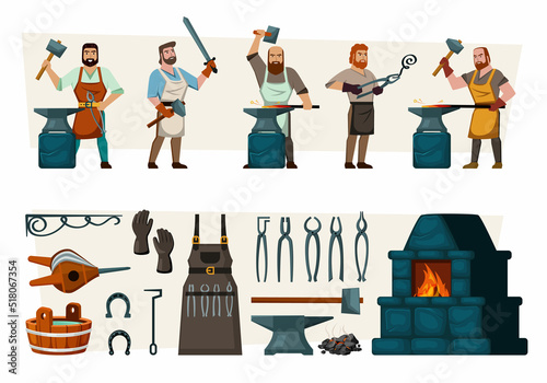 blacksmith. fairytale workers making steel armor and weapons. Vector professional character from blacksmith with crafted tools big hammer