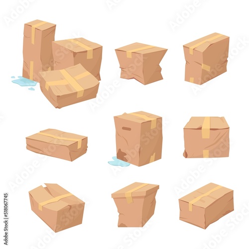 damaged box. delivery crushing poor quality cardboard paper containers. Vector concept set
