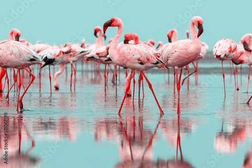 Wild  life.  Flock of pink african flamingos  walking around the blue lagoon on the background of bright sky © Yuliia Lakeienko