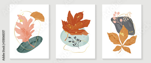Set of luxury foliage wall art vector. Maple, ginkgo leaves, shapes, earth tone colors, leaf branch in watercolor. Autumn season wall decoration collection design for interior, poster, cover, banner.