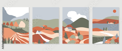 Set of abstract landscape wall art vector. Mountains, hills, field, meadow, village, forest in fall season. Autumn landscape wall decoration collection design for interior, poster, cover, banner.