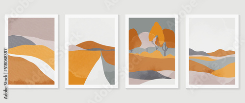 Set of abstract landscape wall art vector. Mountains, hills, field, trees, fall season in watercolor texture. Autumn season wall decoration collection design for interior, poster, cover, banner.