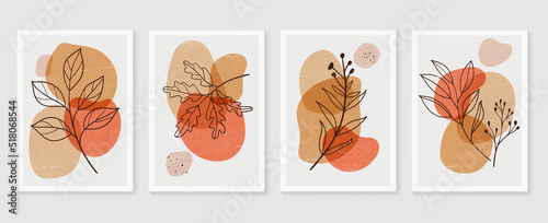 Set of abstract foliage wall art vector. Leaves, organic shapes, earth tone colors, leaf branch in line art style. Autumn season wall decoration collection design for interior, poster, cover, banner.