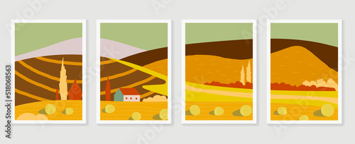Set of abstract landscape wall art vector. Mountains, hills, village, panorama view of field in fall season. Autumn landscape wall decoration collection design for interior, poster, cover, banner.