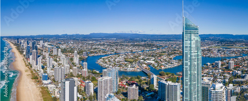 Panoramic aerial drone view of Surfers Paradise on the Gold Coast of Queensland, Australia on a sunny day 