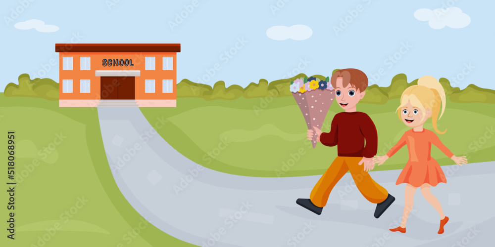 Vector school. Knowledge Day. Back to school.   vector illustration.  Pupils. A boy and a girl with flowers going to school.
