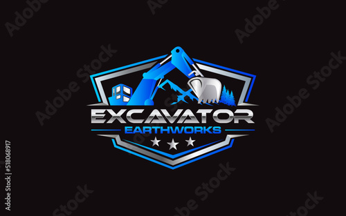 Illustration vector graphic of excavator construction, excavator earthworks, and heavy equipment logo design template