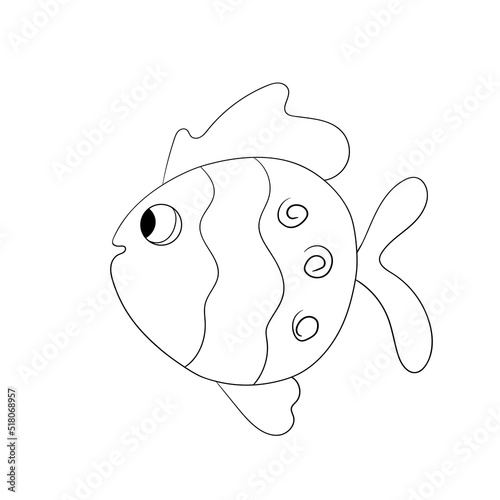 Cartoon cute fish. Hand drawing outline colouring pictures. Isolated items. Suitable for children's coloring and prints. Adorable character for card, kindergarten. Stock vector illustration.