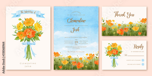 Watercolor red poppy flower bouquet landscape wedding invitation set template