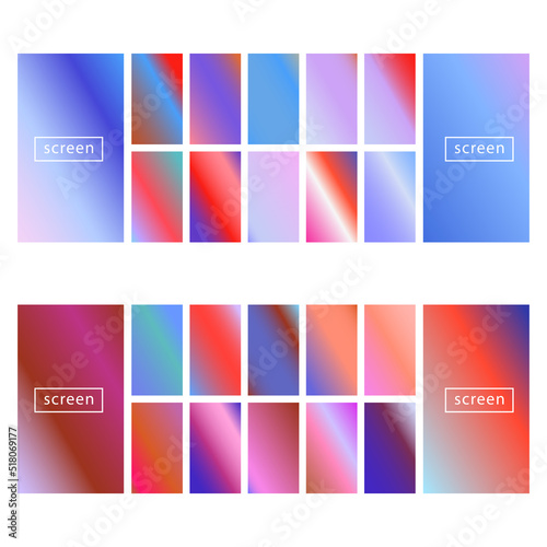 Mobile screen lock display collection of colorful backgrounds in trendy neon colors. Modern screen vector design for mobile app. Soft color abstract pastel holographic gradients. Swatches for design