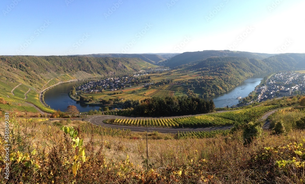 horse shoe bend in the Moselle river with surrounding vineyards in fall coloring