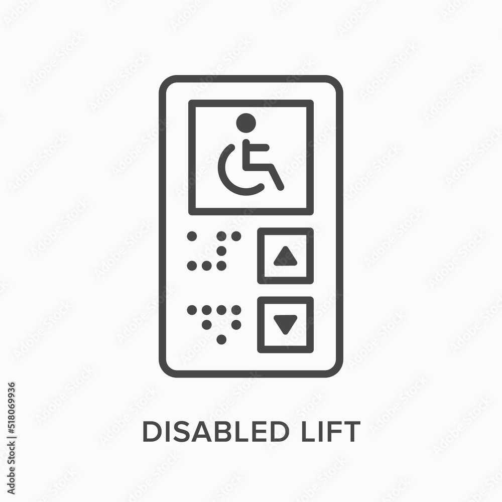 Disabled lift flat line icon. Vector outline illustration of wheelchair. Black thin linear pictogram for elevator panel