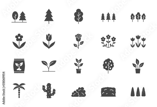 Plants flat black color icons. Vector illustration include icon - green fence  wood  houseplant  thuja  seedling  wildflower  cactus glyph silhouette pictogram for garden tree and bushes