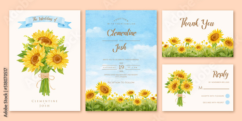 Watercolor sun flower bouquet landscape wedding invitation set template