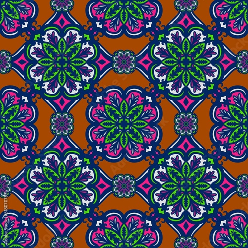 Seamless pattern flower with mandala, vintage decorative elements, vintage decorative elements illustration, Ethnic mandala with colorful tribal ornaments