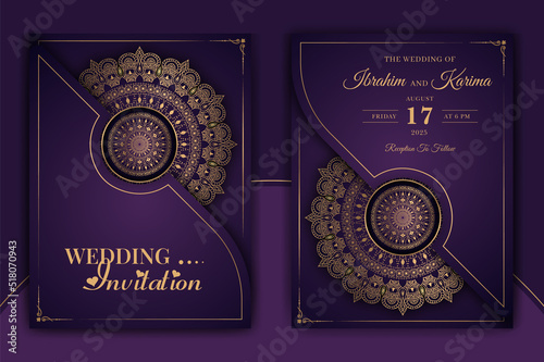 Luxury Mandala Wedding Invitation Card template with golden arabesque pattern Arabic Islamic east background style. Editable vector file. Decorative mandala for print, poster, cover, flyer, banner