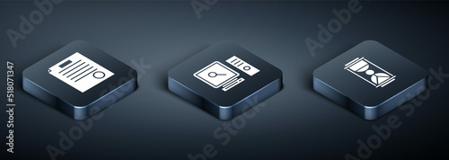 Set Isometric The arrest warrant, Old hourglass with sand and Search on computer screen icon. Vector
