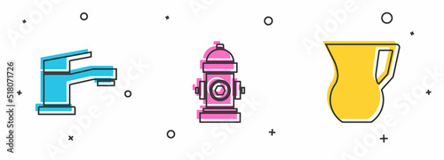 Set Water tap, Fire hydrant and Jug glass with water icon. Vector