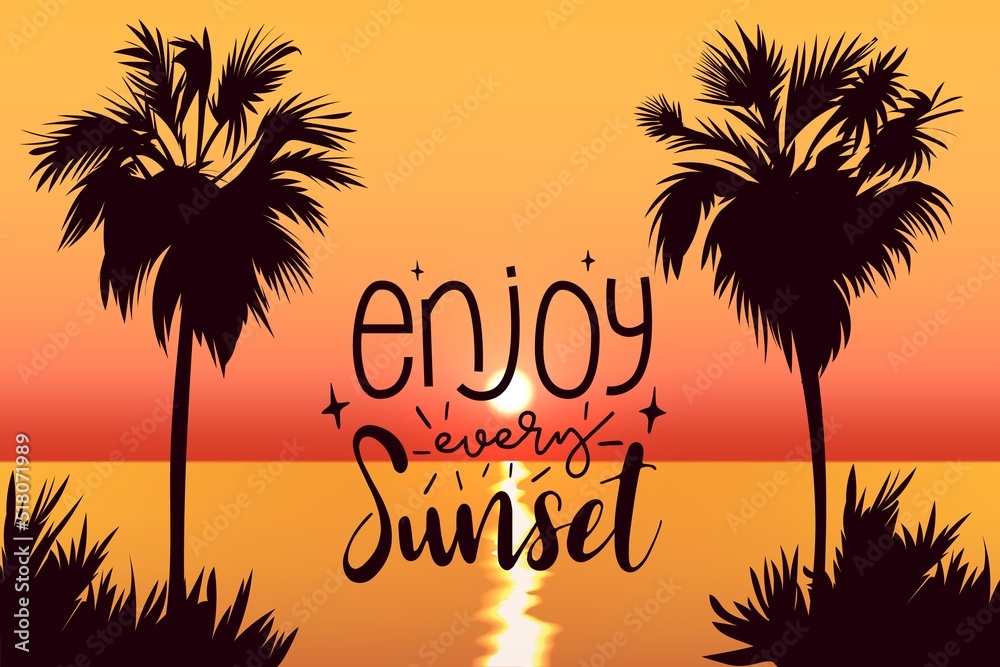 summer night landscape. colorful tropical background with sunset and sea palm sihlouettes. vector lettreing