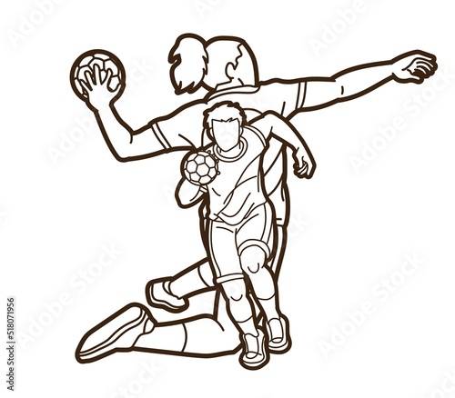Group of Handball Players Male and Female Mix Action Cartoon Sport Graphic Vector