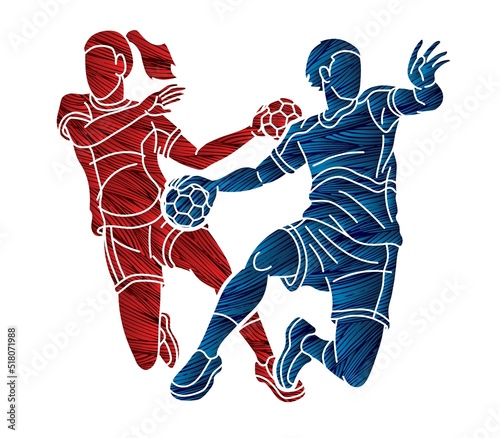 Group of Handball Players Male and Female Mix Action Cartoon Sport Graphic Vector