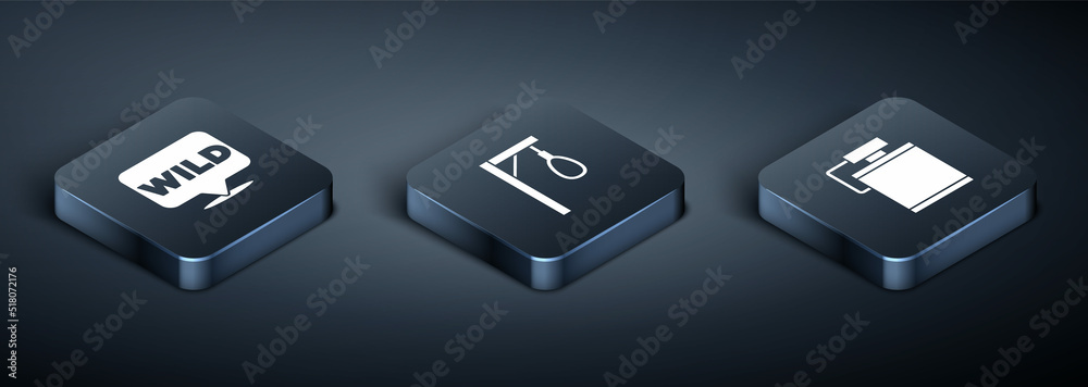 Set Isometric Pointer to wild west, Canteen water bottle and Gallows icon. Vector Set Isometric Pointer to wild west, Canteen water bottle and Gallows icon. Vector