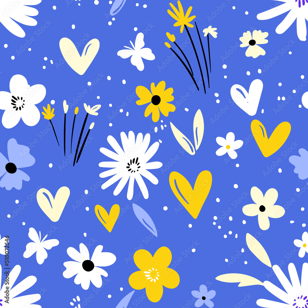 Seamless floral pattern based on traditional folk art ornaments. Colorful flowers on color background. Scandinavian style. Sweden nordic style. Vector illustration. Simple minimalistic pattern