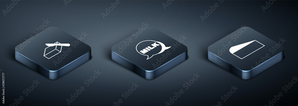 Set Isometric Butter in a butter dish, Cheese and Lettering milk icon. Vector Set Isometric Butter in a butter dish, Cheese and Lettering milk icon. Vector