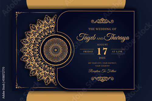 Luxury Mandala Wedding Invitation Card template with golden arabesque pattern Arabic Islamic east background style. Editable vector file. Decorative mandala for print, poster, cover, flyer, banner