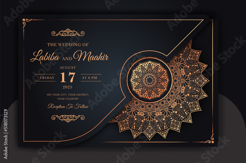 Luxury Mandala Wedding Invitation Card template with golden arabesque pattern Arabic Islamic east background style. Editable vector file. Decorative mandala for print, poster, cover, flyer, banner