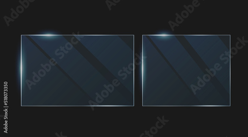 Vector plastic and acrylic glass mockup with glow light reflection on the edge of frame. Window, screen or plate  with shiny glare effect on a transparent dark blue background. © Ra