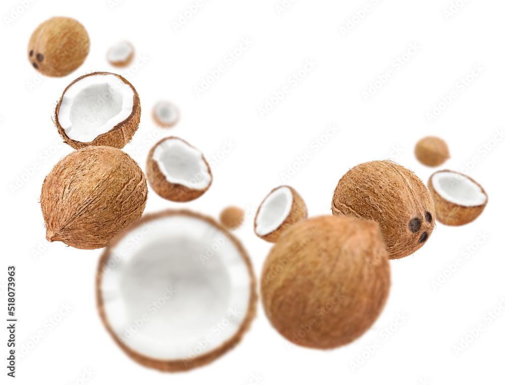 Flying delicious coconuts, isolated on white background Flying delicious coconuts, isolated on white background