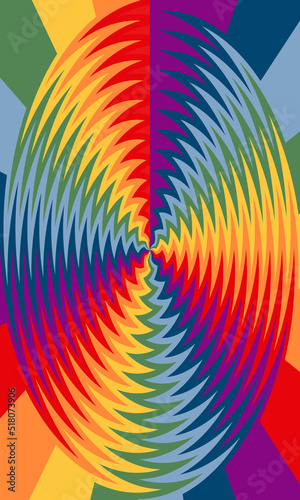 A bright background with a concentric pattern formed by zigzag stripes of rainbow colors (red, orange, yellow, green, light blue, blue, purple). Retro style. For backgrounds of posters, covers, labels