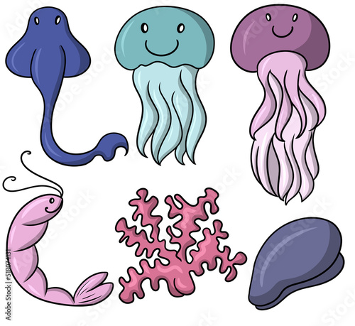 A large collection of drawings with marine inhabitants in cartoon style, cute underwater inhabitants