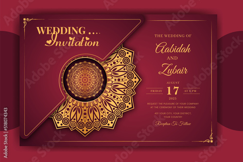 Luxury Mandala Wedding Invitation Card template with golden arabesque pattern Arabic Islamic east background style. Editable vector file. Decorative mandala for print, poster, cover, flyer, banner