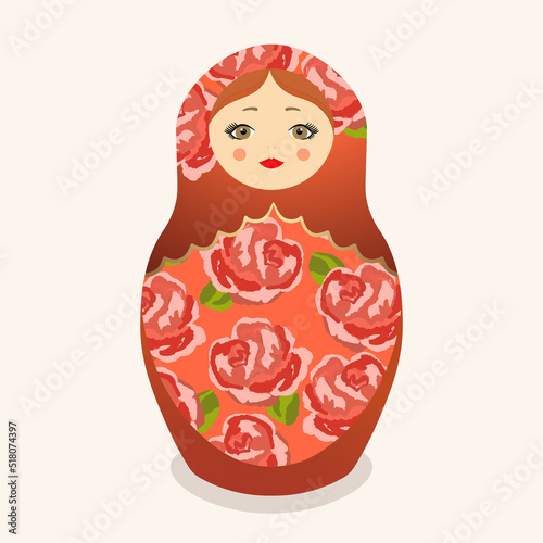 Russian Matryoshka. Traditional Russian folklore dolls with big eyes and lips. Babushka doll with hohloma, traditional painted floral pattern. Hand drawn vector illustration