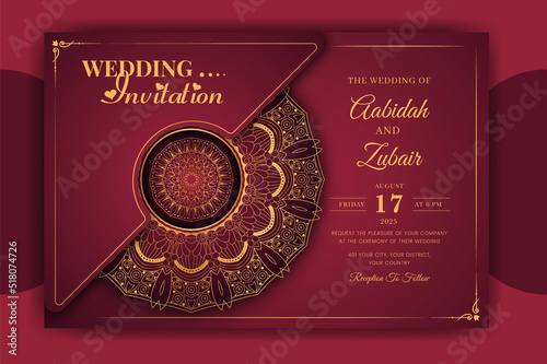 Luxury Mandala Wedding Invitation Card template with golden arabesque pattern Arabic Islamic east background style. Editable vector file. Decorative mandala for print, poster, cover, flyer, banner