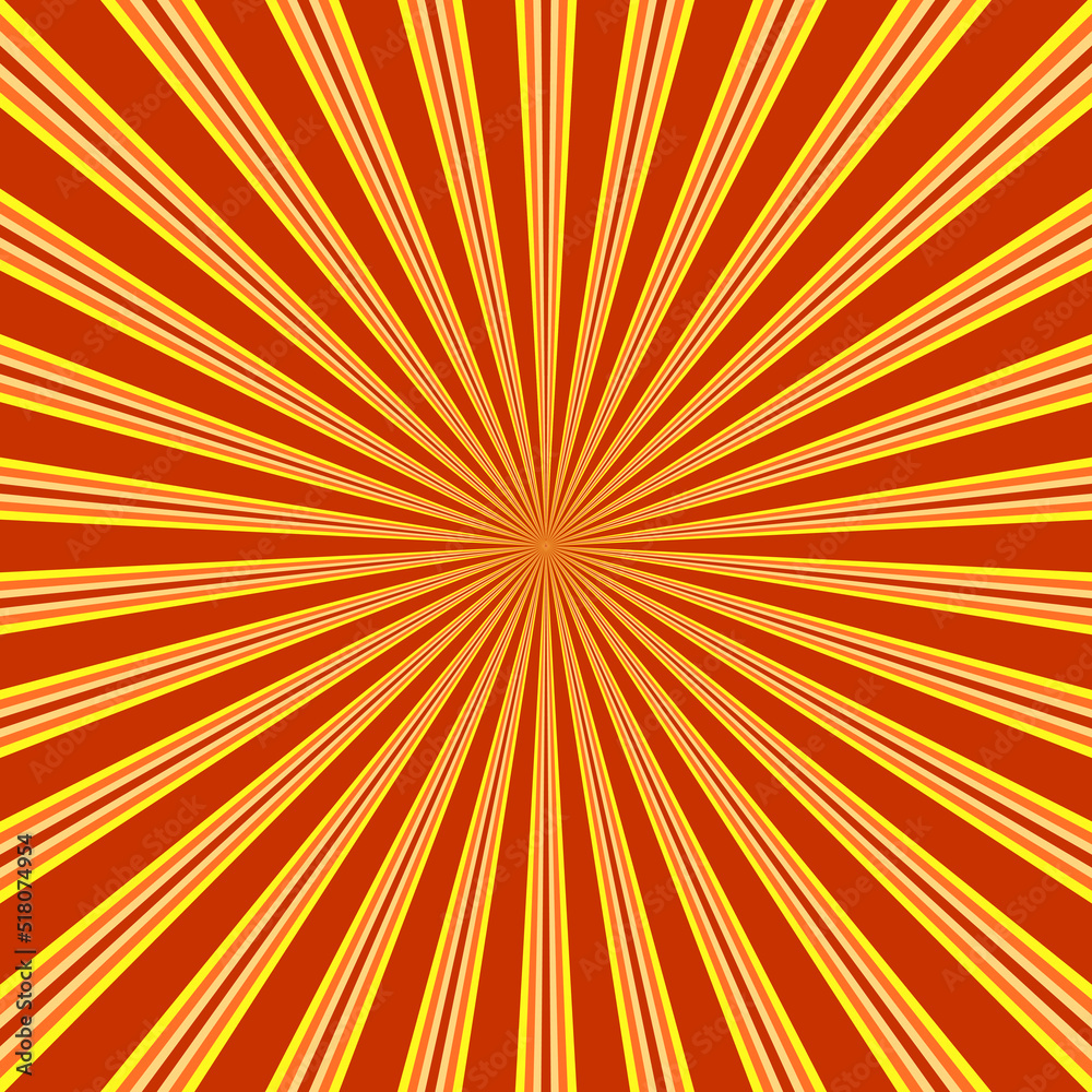 Obraz premium Pop art radial colorful comics book magazine cover. Striped orange digital background. Cartoon funny retro pattern strip mock up. Vector halftone illustration. Sunburst, starburst shape
