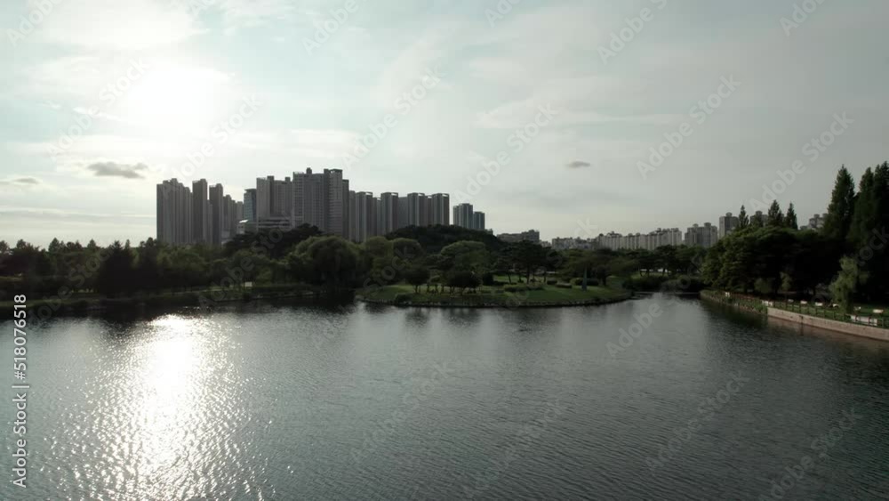 Aerial Drone of Artificial Lake Park in Seoul Ilsan Korea with Apartments Aerial Drone of Artificial Lake Park in Seoul Ilsan Korea with Apartments