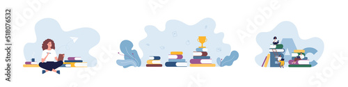 Education concept bundle. Vector flat illustration set. Woman with pencil and worksheet. Group of students sitting with book and laptop. Ladder of success of book and prize award symbol