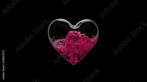 3d render a glass container in the form of a heart is filled with liquid with on a black background