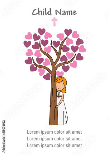 My first communion girl. Girl next to a tree with hearts