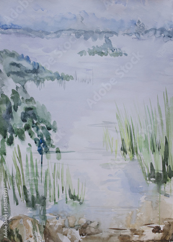 Lake shore landscape. Surface of fresh water reservoir. Neutral watercolor painting. Wet airy brush strokes surface. Tranquility concept. Summer morning by the river.