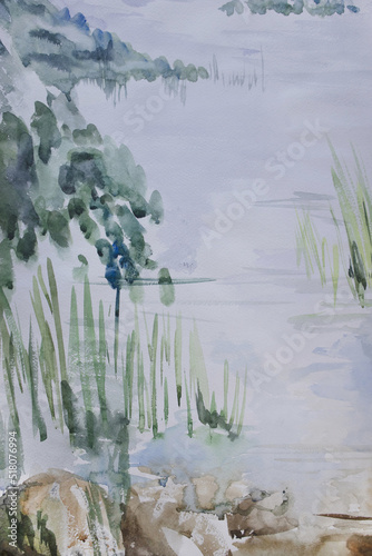 Lake shore landscape. Surface of fresh water reservoir. Summer early foggy morning by the river. Neutral landscape. Wet airy brush strokes surface. Freshness of nature concept.