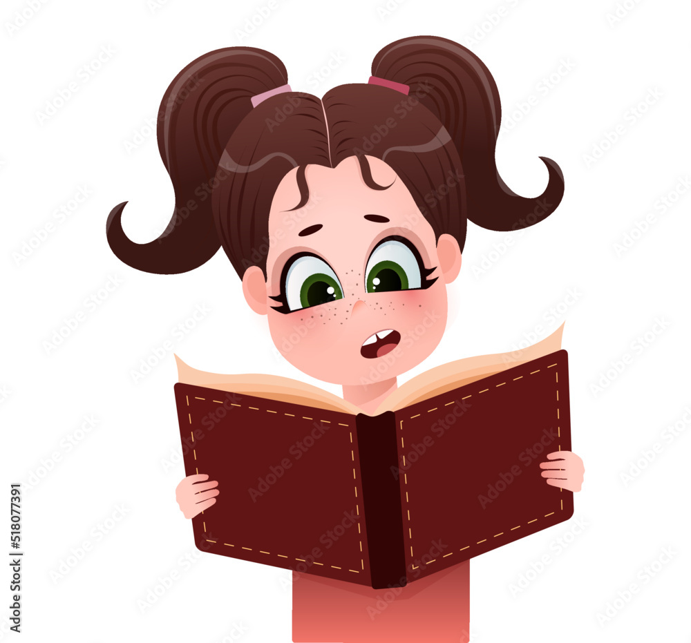 Сartoon child character. Little girl reading a book. Surprised emotion.Cartoon character. Сartoon child character. Little girl reading a book. Surprised emotion.Cartoon character.
