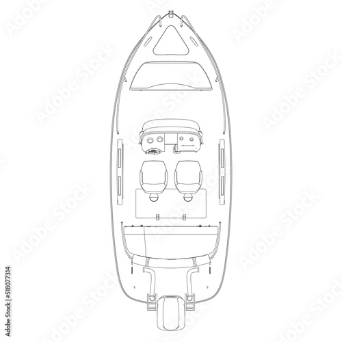 Outline of a water boat from black lines isolated on a white background. View from above. Vector illustration.