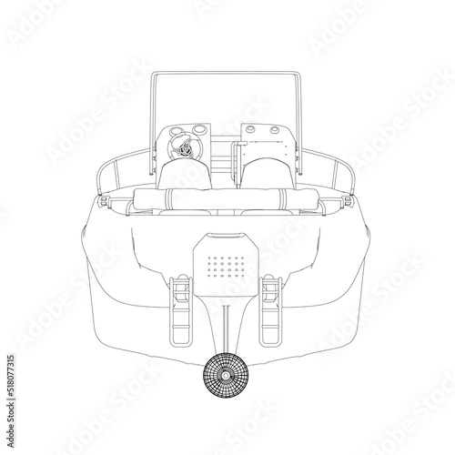 Outline of a water boat from black lines isolated on a white background. Back view. Vector illustration.