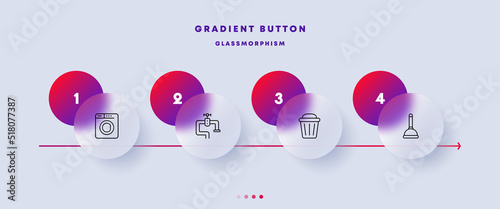 Cleaning the house set icon. Washing machine, pipeline, water, garbage, trashcan, plunger, cleanliness, washing clothes. Purity concept. Glassmorphism. Vector line icon for Business and Advertising