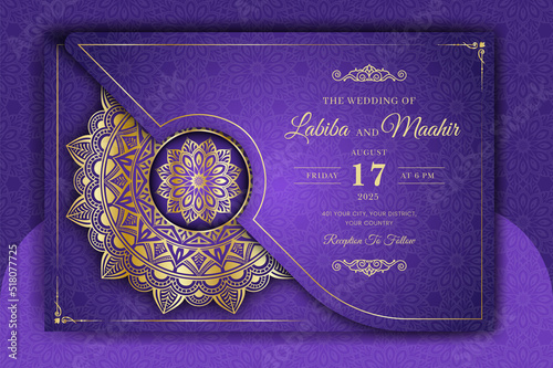 Luxury Mandala Wedding Invitation Card template with golden arabesque pattern Arabic Islamic east background style. Editable vector file. Decorative mandala for print, poster, cover, flyer, banner